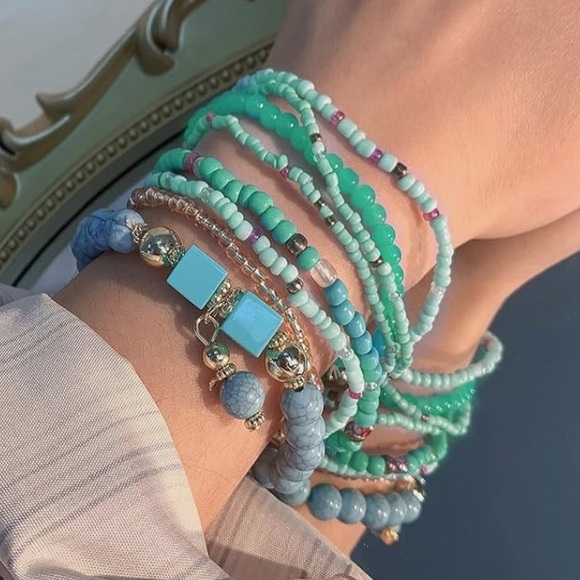 Beaded Stackable Bracelet Set Bohemian Stack in Turquoise - Picture 2 of 2